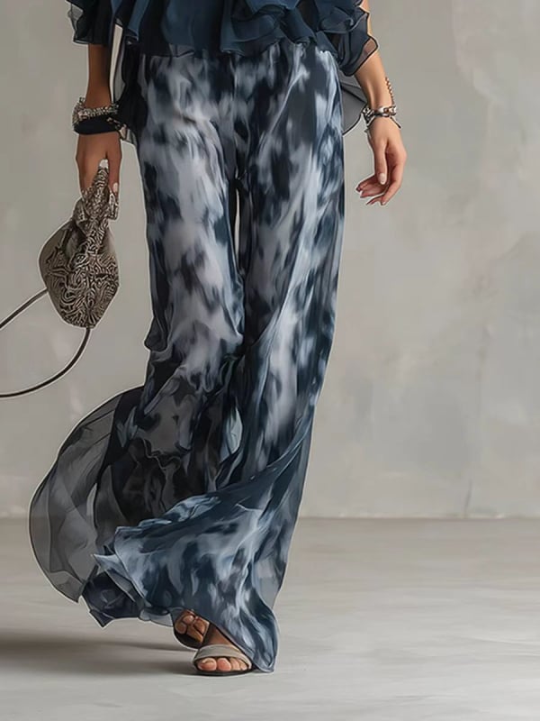 Váll nélküli halter felső és nyomott, széles lábú chiffon nadrágos szett