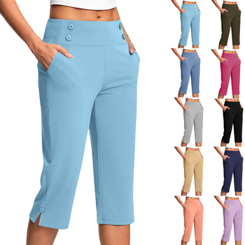 Dámske elastické capri nohavice na jogu a fitness, s vreckami, jednofarebné.