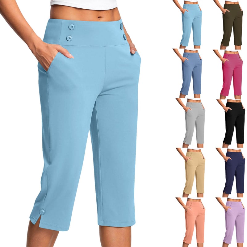Dámske elastické capri nohavice na jogu a fitness, s vreckami, jednofarebné.