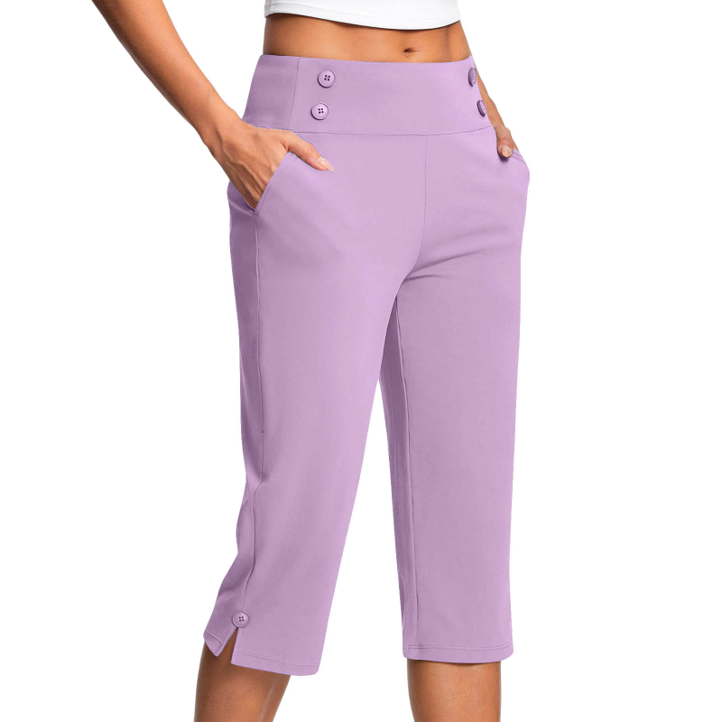 Dámske elastické capri nohavice na jogu a fitness, s vreckami, jednofarebné.