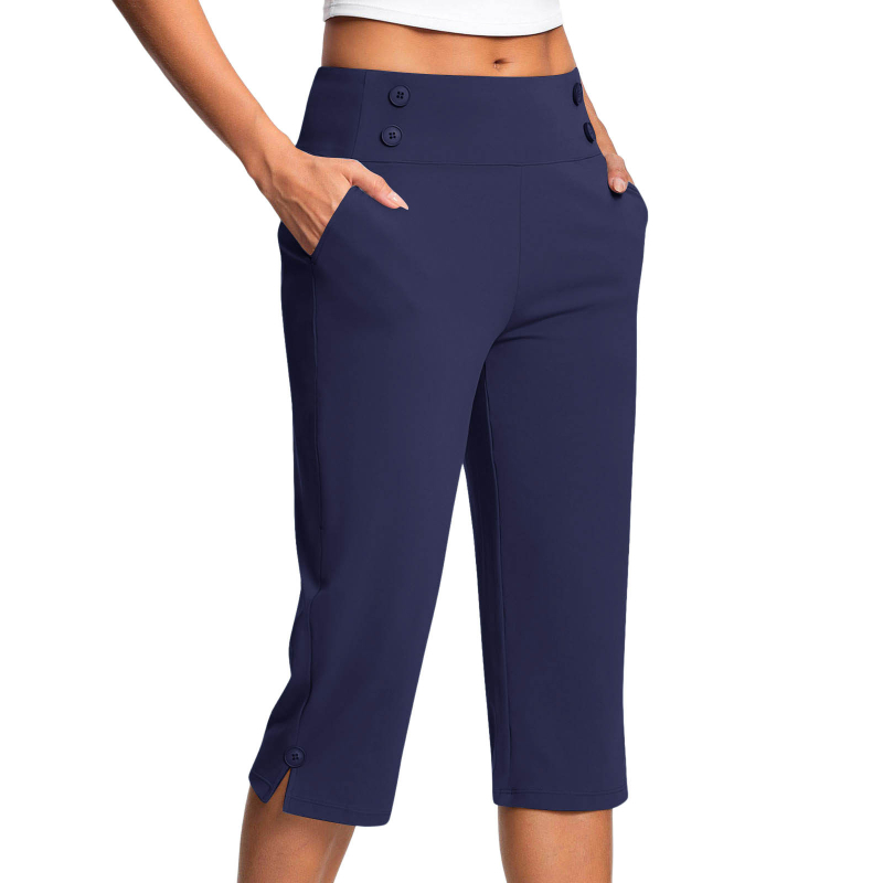 Dámske elastické capri nohavice na jogu a fitness, s vreckami, jednofarebné.