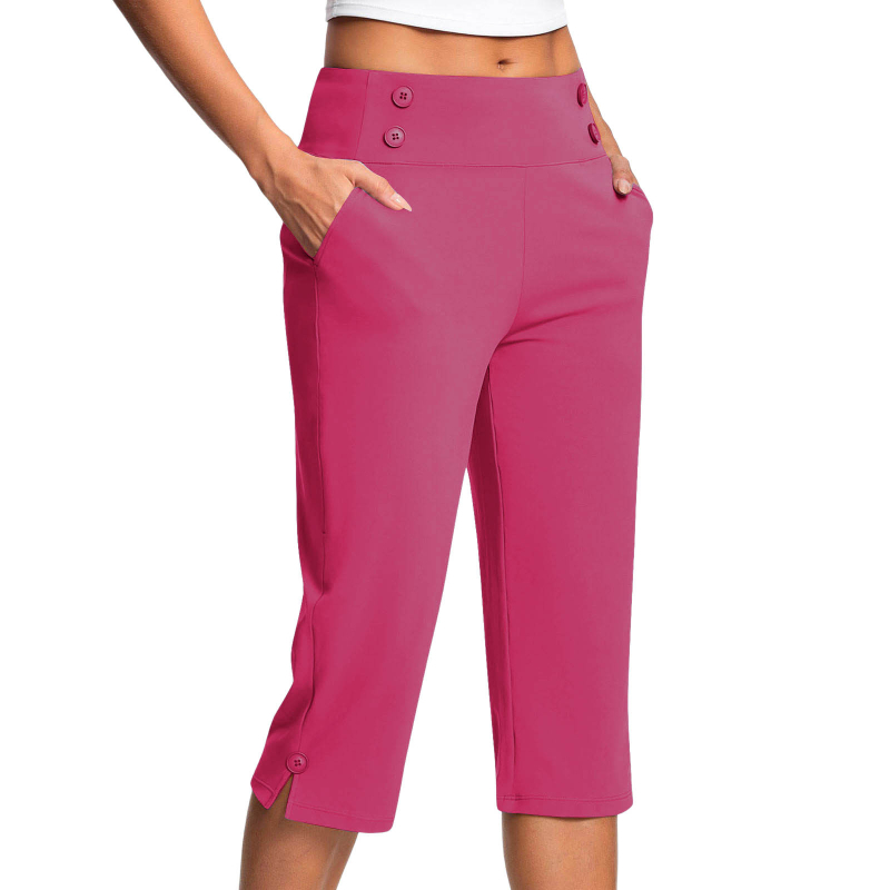 Dámske elastické capri nohavice na jogu a fitness, s vreckami, jednofarebné.