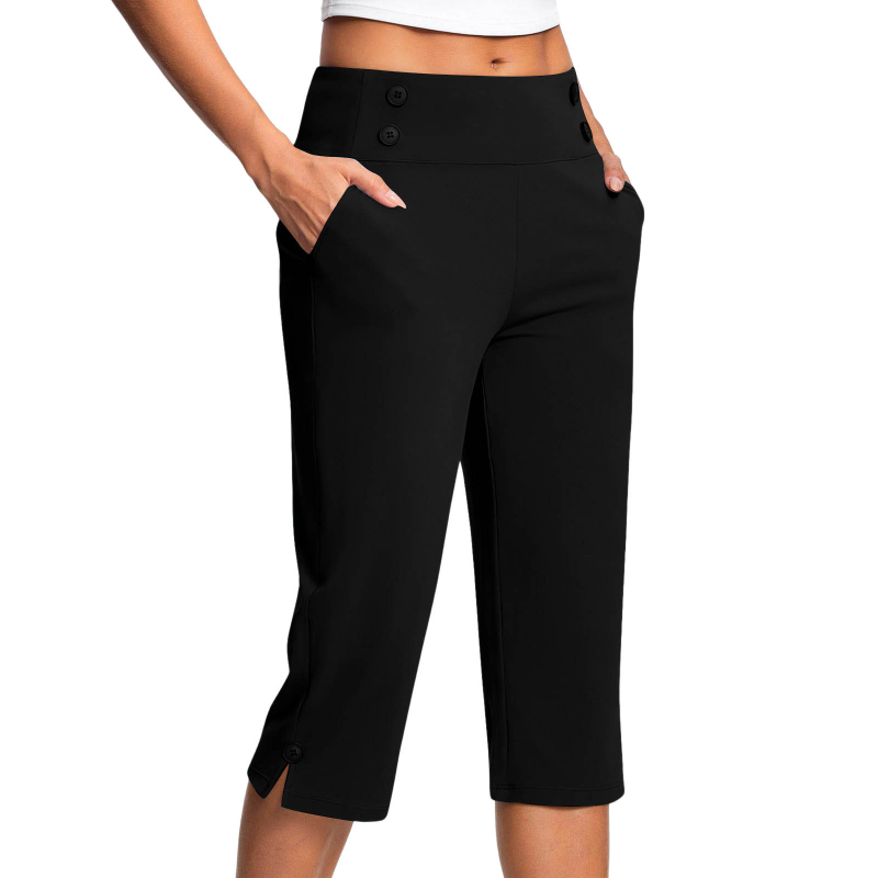 Dámske elastické capri nohavice na jogu a fitness, s vreckami, jednofarebné.