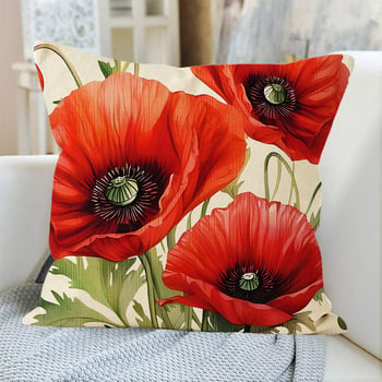 Λινή μαξιλαροθήκη με μοτίβο παπαρούνας, κόκκινο, μοντέρνος φλοραλ διακόσμηση για σαλόνι και υπνοδωμάτιο, διαστάσεις 45x45 cm, 30x50 cm, 40x40 cm, 50x50 cm