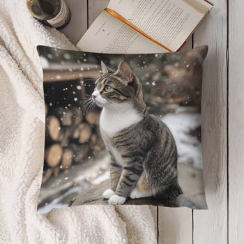 45×45 cm-es párnahuzat retro szürke-fehér tabby macska mintával, egyoldalas nyomtatás, kanapéra és ágyra