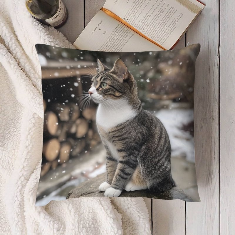 45×45 cm-es párnahuzat retro szürke-fehér tabby macska mintával, egyoldalas nyomtatás, kanapéra és ágyra