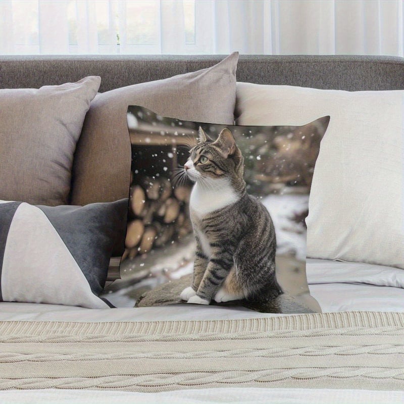 45×45 cm-es párnahuzat retro szürke-fehér tabby macska mintával, egyoldalas nyomtatás, kanapéra és ágyra