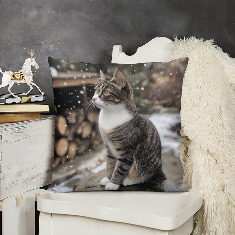 45×45 cm-es párnahuzat retro szürke-fehér tabby macska mintával, egyoldalas nyomtatás, kanapéra és ágyra