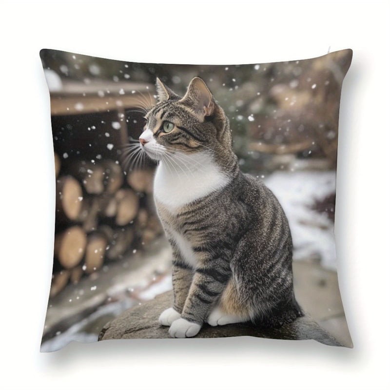 45×45 cm-es párnahuzat retro szürke-fehér tabby macska mintával, egyoldalas nyomtatás, kanapéra és ágyra