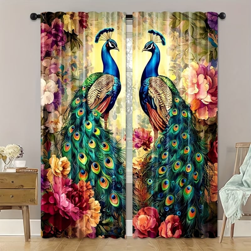 Set de 2 perdele florale cu păun, imprimare digitală 3D, decorative și cu umbrire, model diamant