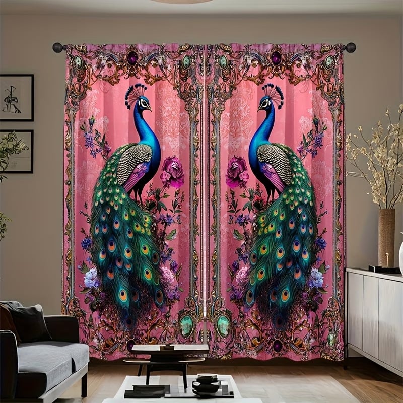 Set de 2 perdele florale cu păun, imprimare digitală 3D, decorative și cu umbrire, model diamant