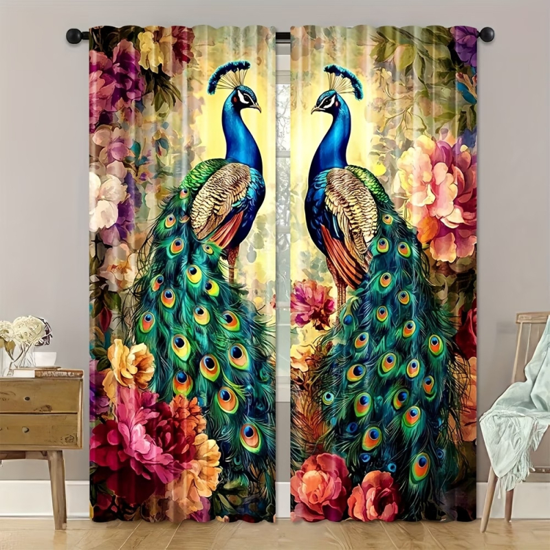 Set de 2 perdele florale cu păun, imprimare digitală 3D, decorative și cu umbrire, model diamant