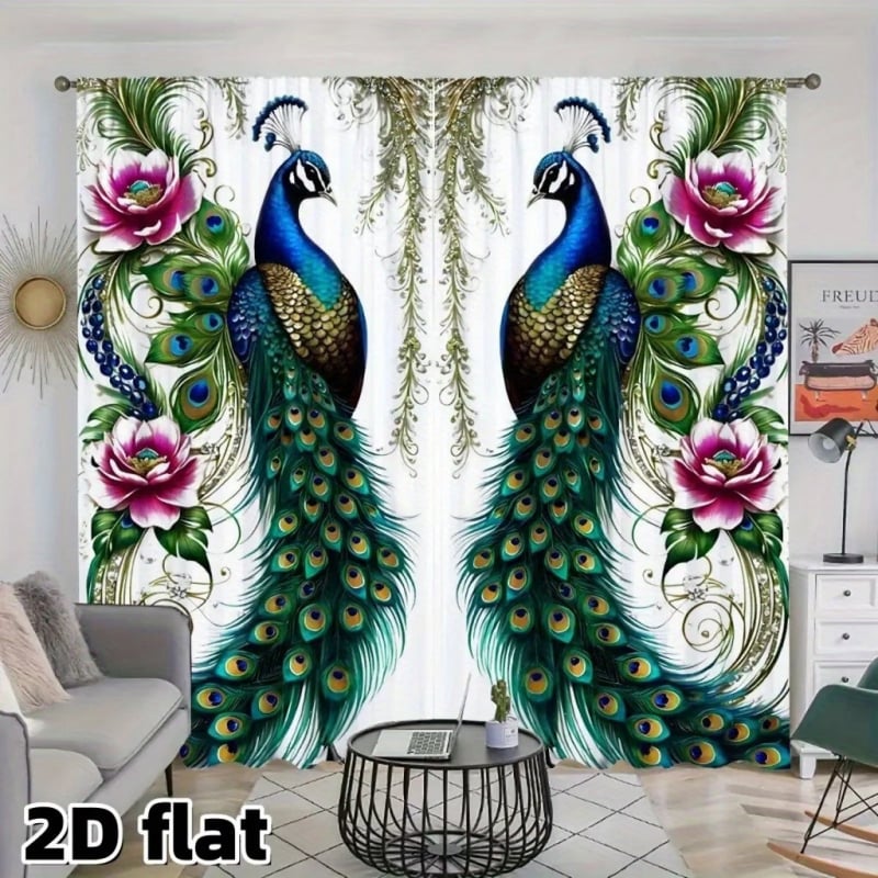Set de 2 perdele florale cu păun, imprimare digitală 3D, decorative și cu umbrire, model diamant