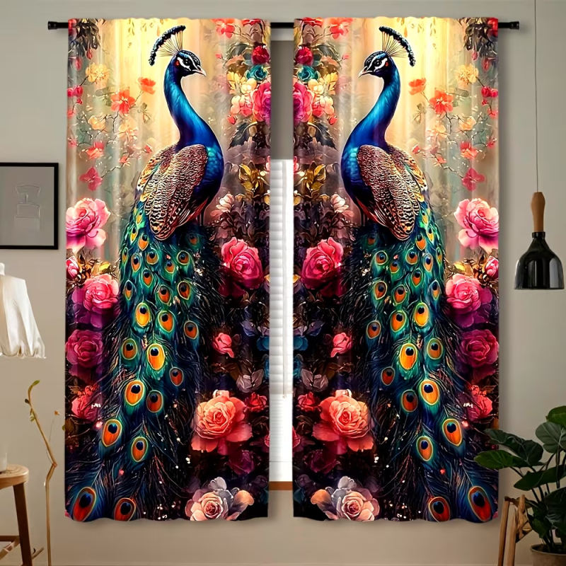 Set de 2 perdele florale cu păun, imprimare digitală 3D, decorative și cu umbrire, model diamant