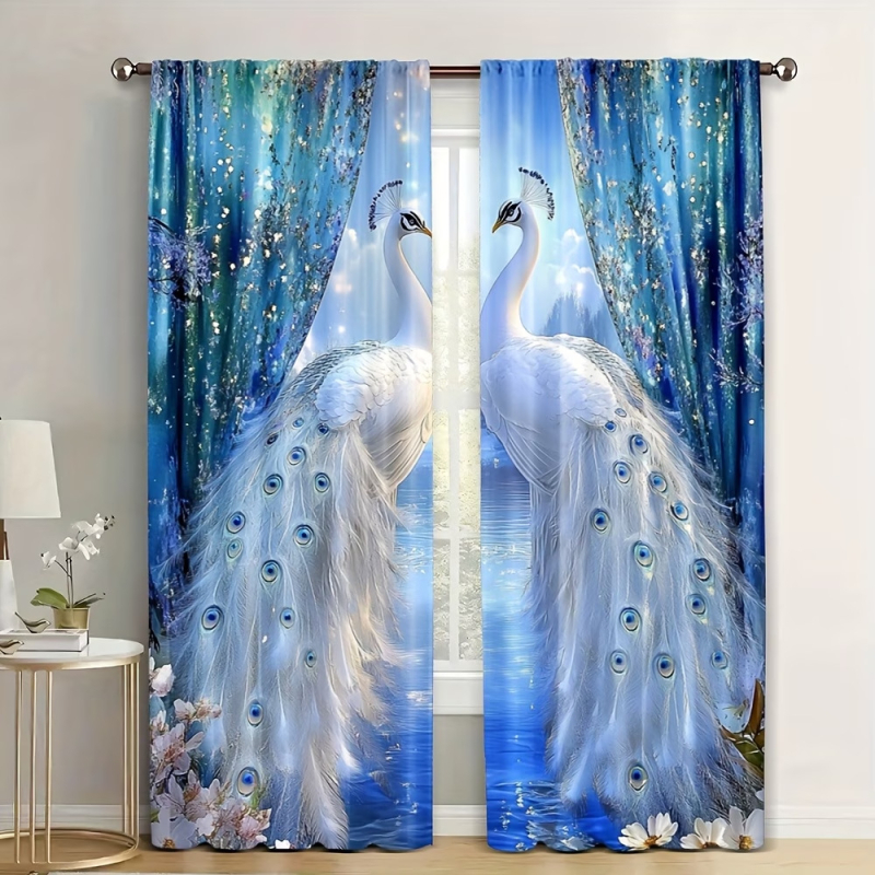 Set de 2 perdele florale cu păun, imprimare digitală 3D, decorative și cu umbrire, model diamant