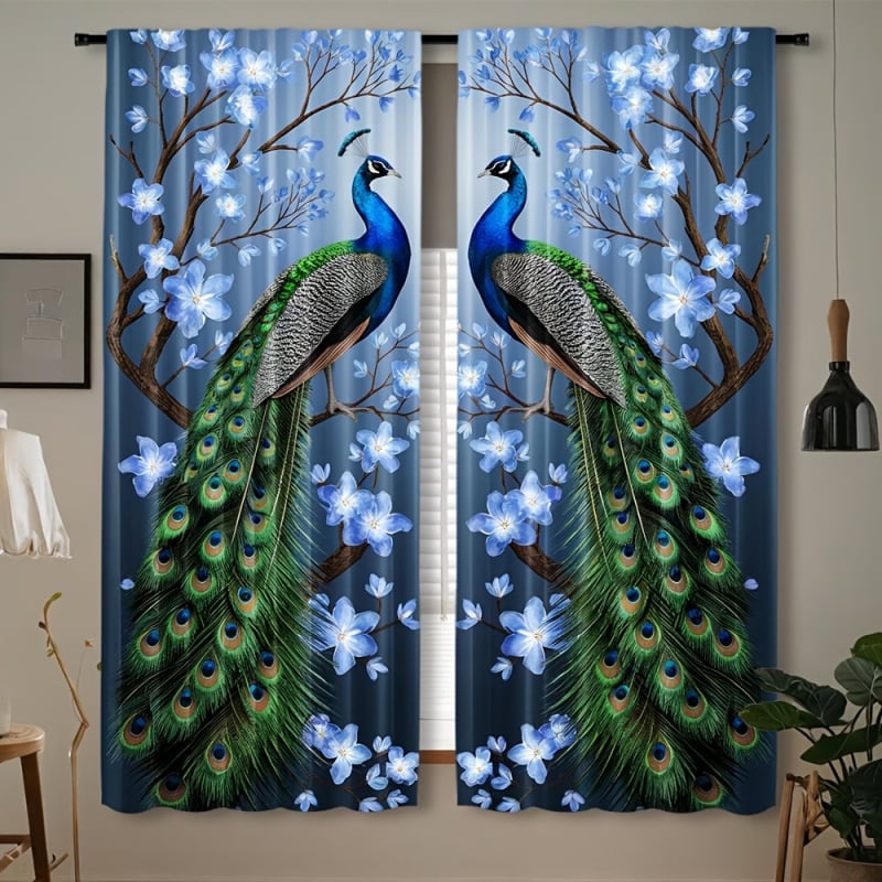 Set de 2 perdele florale cu păun, imprimare digitală 3D, decorative și cu umbrire, model diamant