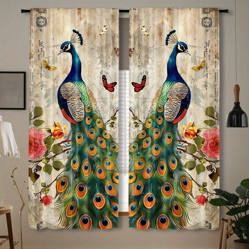 Set de 2 perdele florale cu păun, imprimare digitală 3D, decorative și cu umbrire, model diamant
