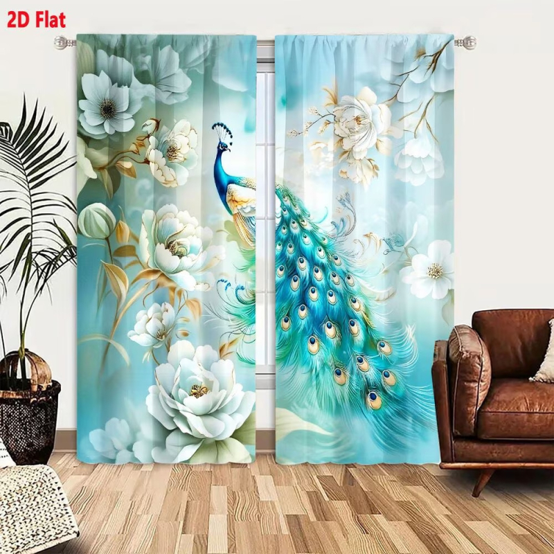 Set de 2 perdele florale cu păun, imprimare digitală 3D, decorative și cu umbrire, model diamant