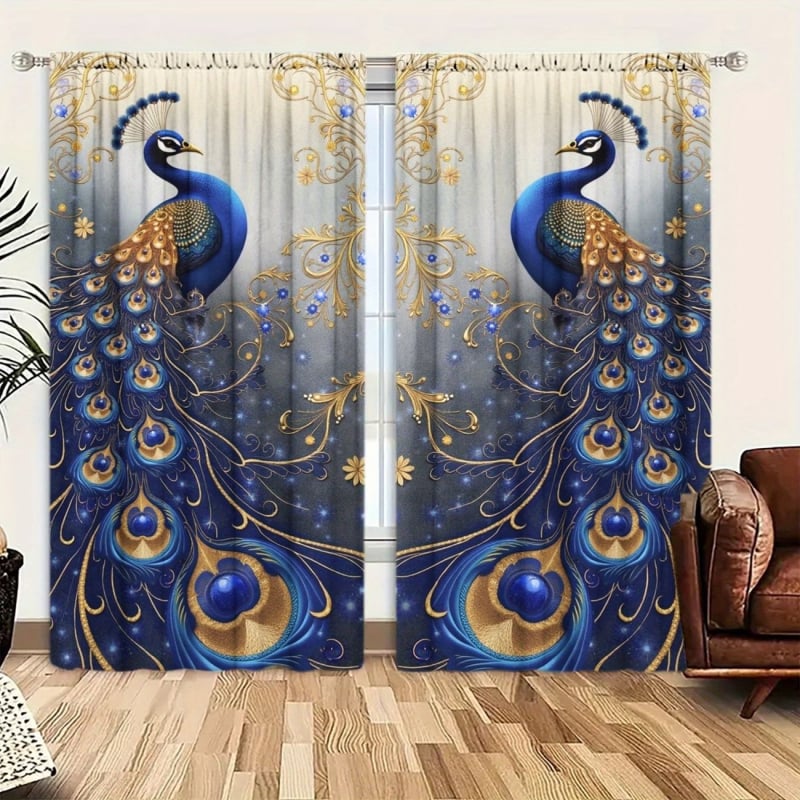 Set de 2 perdele florale cu păun, imprimare digitală 3D, decorative și cu umbrire, model diamant