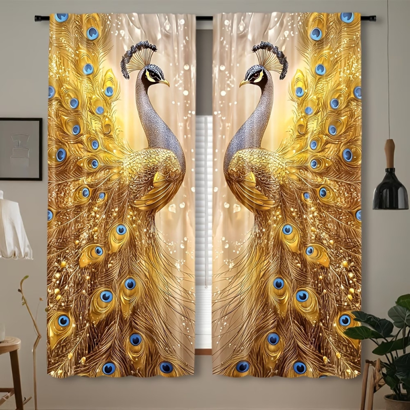 Set de 2 perdele florale cu păun, imprimare digitală 3D, decorative și cu umbrire, model diamant
