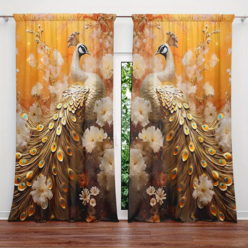 Set de 2 perdele florale cu păun, imprimare digitală 3D, decorative și cu umbrire, model diamant