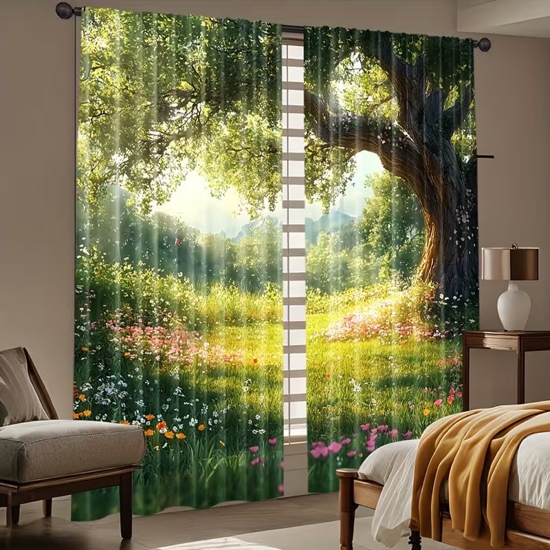 Cortine cu imprimeu de plante verzi și copaci, pentru living și dormitor, blackout, stil modern minimalist, semi-umbrire 40–70%