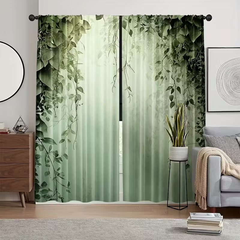 Cortine cu imprimeu de plante verzi și copaci, pentru living și dormitor, blackout, stil modern minimalist, semi-umbrire 40–70%
