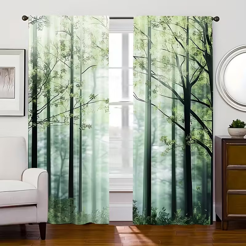 Cortine cu imprimeu de plante verzi și copaci, pentru living și dormitor, blackout, stil modern minimalist, semi-umbrire 40–70%