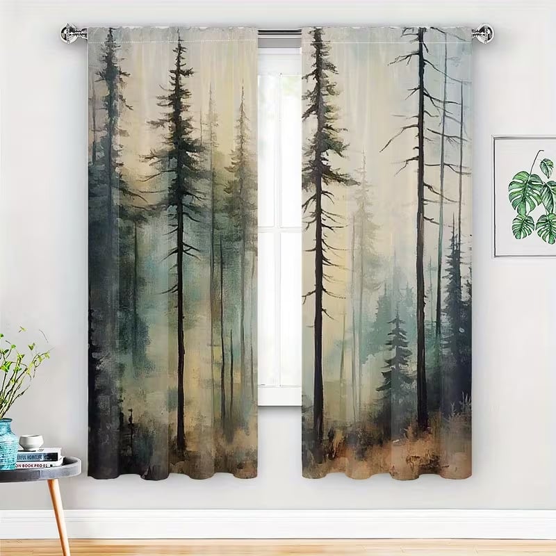 Cortine cu imprimeu de plante verzi și copaci, pentru living și dormitor, blackout, stil modern minimalist, semi-umbrire 40–70%