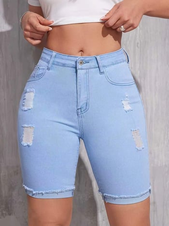 Dámske modré džínové šortky so zlomeným lemom, stredný pás, pružný denim, letné voľnočasové šortky