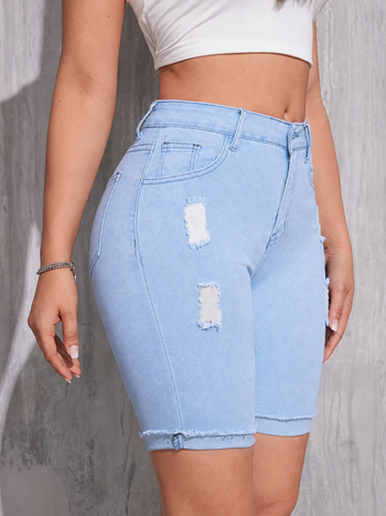 Dámske modré džínové šortky so zlomeným lemom, stredný pás, pružný denim, letné voľnočasové šortky