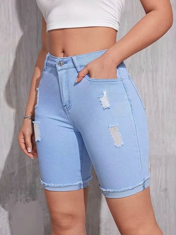 Dámske modré džínové šortky so zlomeným lemom, stredný pás, pružný denim, letné voľnočasové šortky