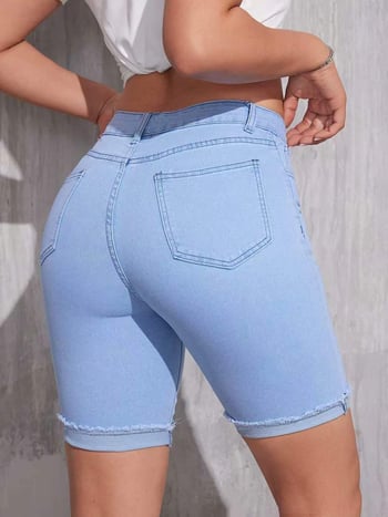 Dámske modré džínové šortky so zlomeným lemom, stredný pás, pružný denim, letné voľnočasové šortky