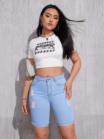 Dámske modré džínové šortky so zlomeným lemom, stredný pás, pružný denim, letné voľnočasové šortky