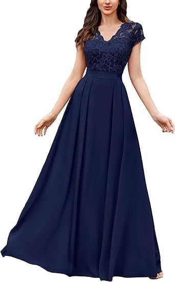 Elegantné večerné šaty s francúzskou čipkou, krátke rukávy, dlhá šifónová sukňa, vysoký pás, A-linijný strih