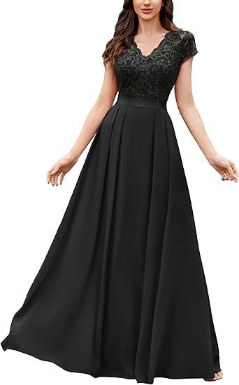 Elegantné večerné šaty s francúzskou čipkou, krátke rukávy, dlhá šifónová sukňa, vysoký pás, A-linijný strih