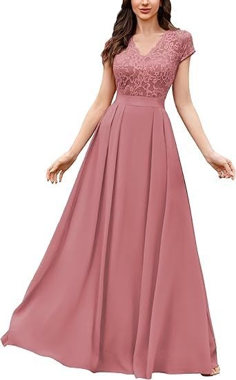 Elegantné večerné šaty s francúzskou čipkou, krátke rukávy, dlhá šifónová sukňa, vysoký pás, A-linijný strih