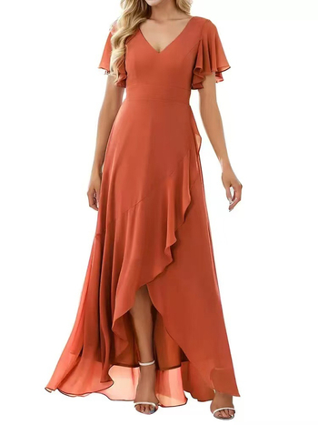Μακριά φόρεμα από chiffon για βραδινή έξοδο, μονόχρωμο, με διπλό V‑ντεκολτέ, φουσκωτές μανίκες σε στυλ λωτού και Α-γραμμής σιλουέτα