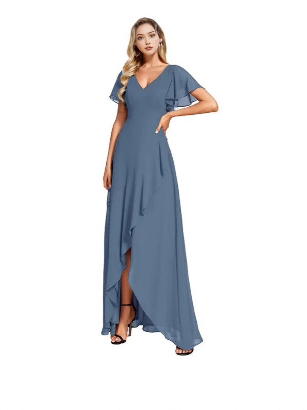 Μακριά φόρεμα από chiffon για βραδινή έξοδο, μονόχρωμο, με διπλό V‑ντεκολτέ, φουσκωτές μανίκες σε στυλ λωτού και Α-γραμμής σιλουέτα