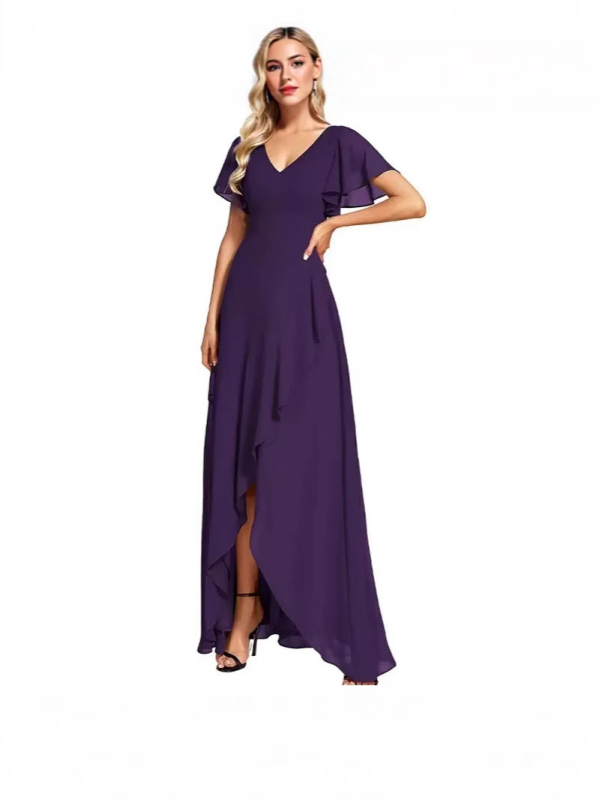 Μακριά φόρεμα από chiffon για βραδινή έξοδο, μονόχρωμο, με διπλό V‑ντεκολτέ, φουσκωτές μανίκες σε στυλ λωτού και Α-γραμμής σιλουέτα