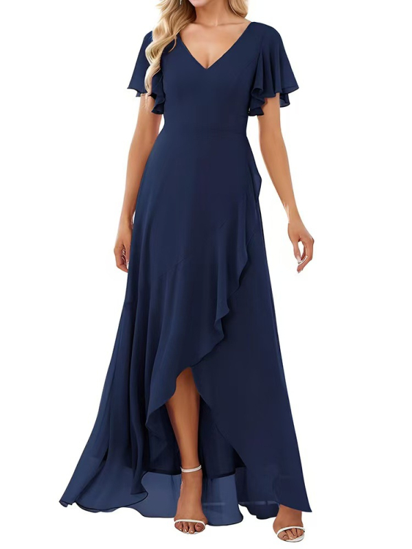 Μακριά φόρεμα από chiffon για βραδινή έξοδο, μονόχρωμο, με διπλό V‑ντεκολτέ, φουσκωτές μανίκες σε στυλ λωτού και Α-γραμμής σιλουέτα