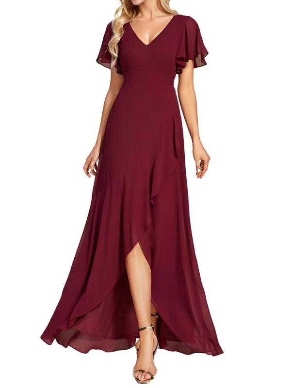Μακριά φόρεμα από chiffon για βραδινή έξοδο, μονόχρωμο, με διπλό V‑ντεκολτέ, φουσκωτές μανίκες σε στυλ λωτού και Α-γραμμής σιλουέτα