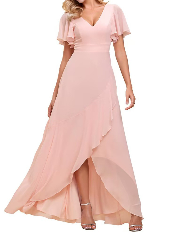 Μακριά φόρεμα από chiffon για βραδινή έξοδο, μονόχρωμο, με διπλό V‑ντεκολτέ, φουσκωτές μανίκες σε στυλ λωτού και Α-γραμμής σιλουέτα