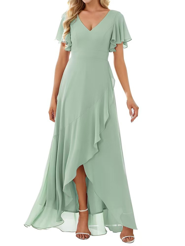 Μακριά φόρεμα από chiffon για βραδινή έξοδο, μονόχρωμο, με διπλό V‑ντεκολτέ, φουσκωτές μανίκες σε στυλ λωτού και Α-γραμμής σιλουέτα