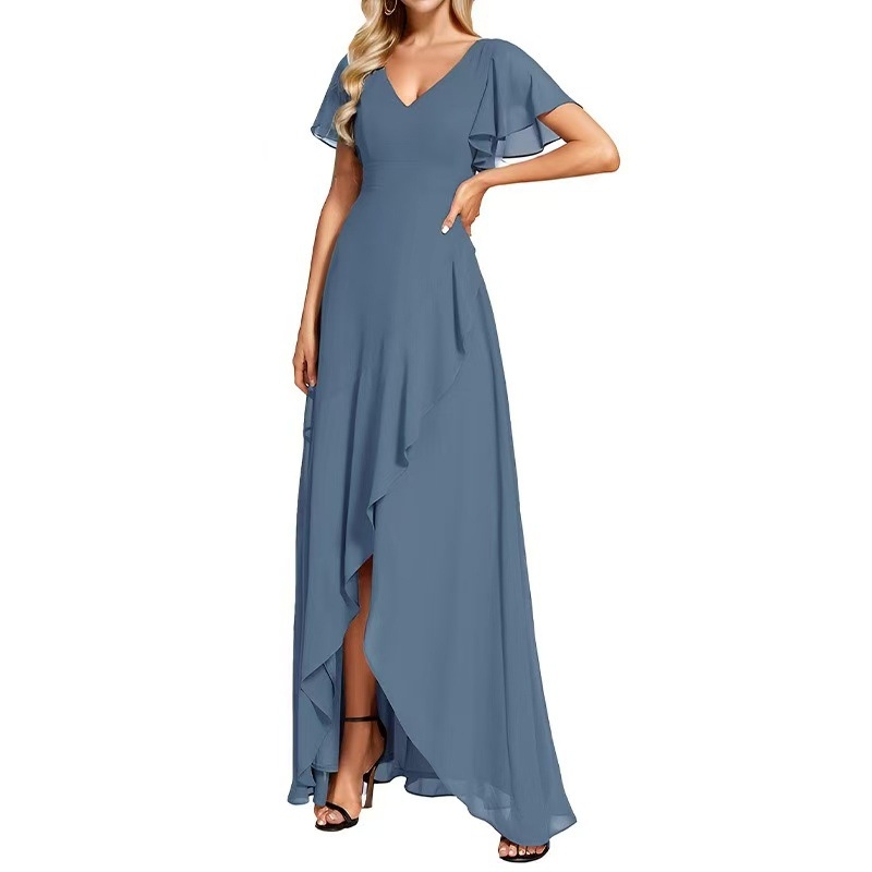 Μακριά φόρεμα από chiffon για βραδινή έξοδο, μονόχρωμο, με διπλό V‑ντεκολτέ, φουσκωτές μανίκες σε στυλ λωτού και Α-γραμμής σιλουέτα