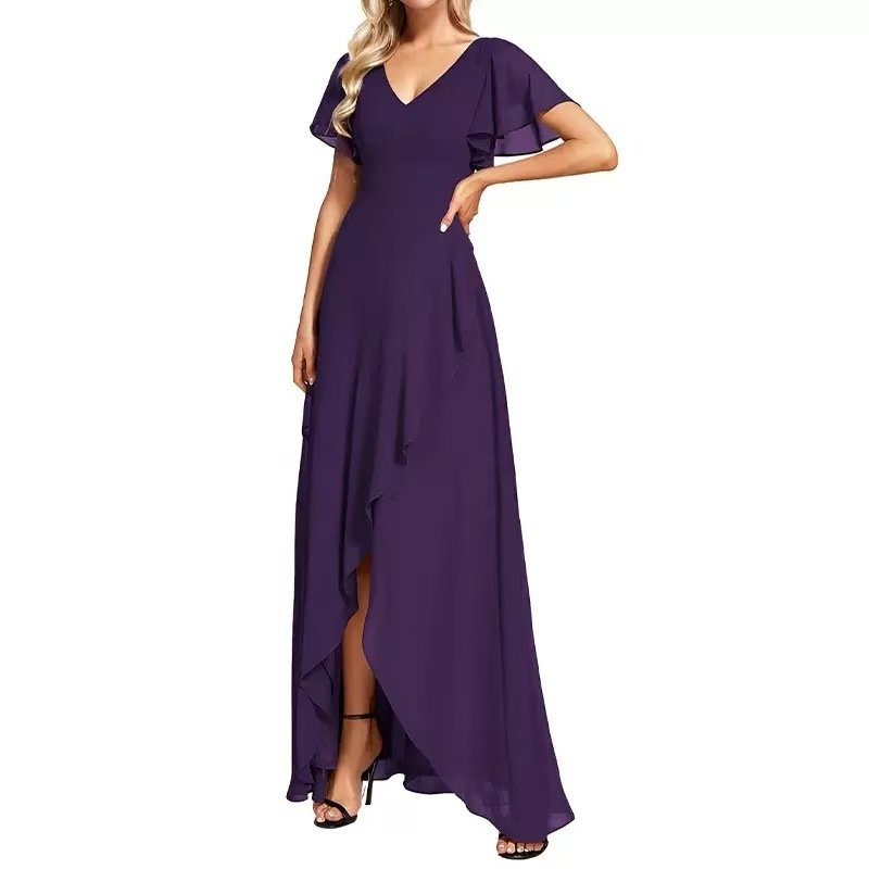 Μακριά φόρεμα από chiffon για βραδινή έξοδο, μονόχρωμο, με διπλό V‑ντεκολτέ, φουσκωτές μανίκες σε στυλ λωτού και Α-γραμμής σιλουέτα
