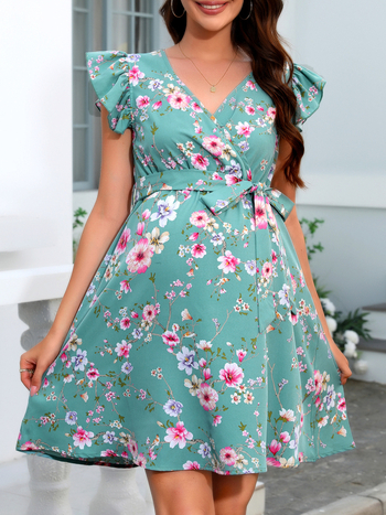rochie de maternitate cu imprimeu floral, vară, decolteu în V, volane la margine, cordon talie, croi A, lejer, pentru alăptare