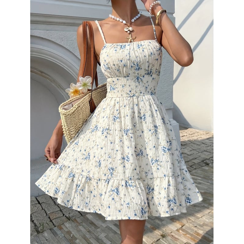 Rochie fără mâneci, cu bretele, stil elegant de vacanță, croială A-line, imprimeu