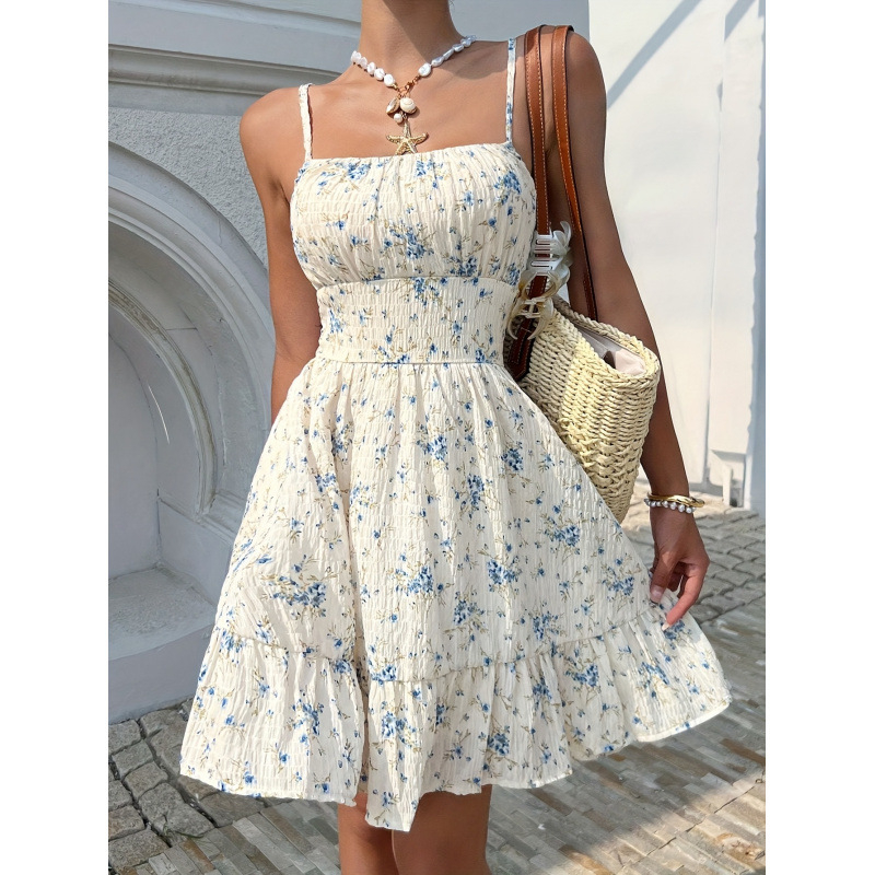 Rochie fără mâneci, cu bretele, stil elegant de vacanță, croială A-line, imprimeu