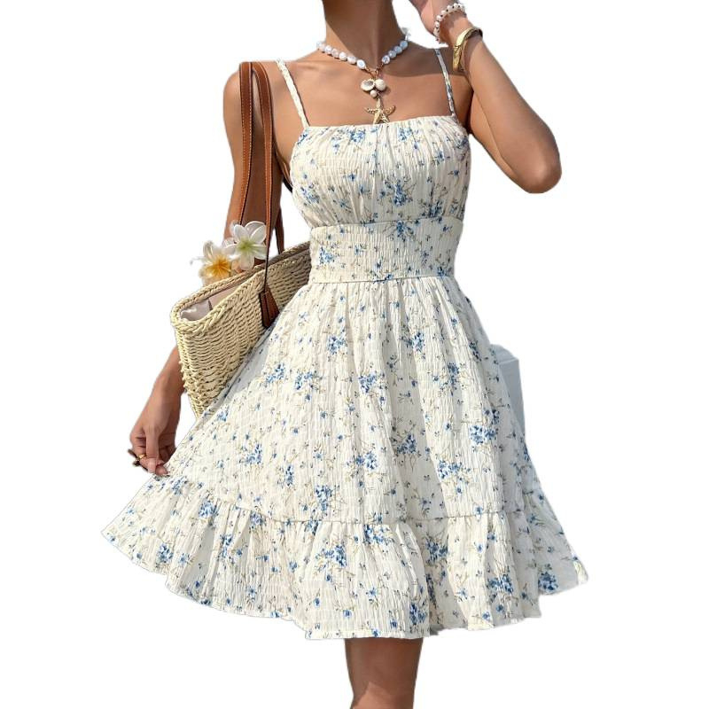 Rochie fără mâneci, cu bretele, stil elegant de vacanță, croială A-line, imprimeu